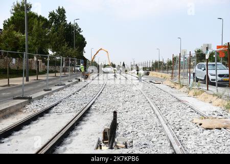 Jérusalem, Israël. Août 2022. Construction de l'extension de la ligne du rail léger de Jérusalem jusqu'à l'hôpital Hadassah Ein Kerem. Banque D'Images