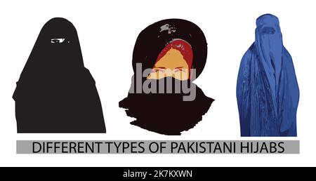 Différents types de hijab traditionnel pakistanais, tenue pour couvrir le corps vecteur dessin animé illustration de la diversité des caractères Illustration de Vecteur