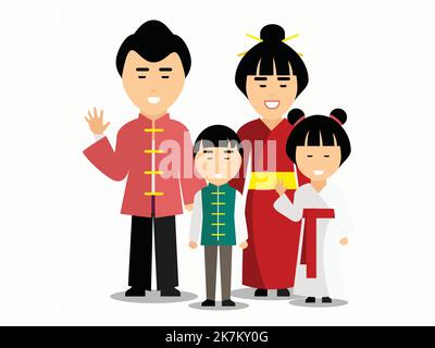 Famille chinoise portant une tenue traditionnelle dessin animé vecteur personnage diversité illustration sur fond blanc isolé Illustration de Vecteur