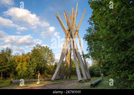 BRILON, ALLEMAGNE - 21 SEPTEMBRE 2022 : Mémorial de l'ouragan Kyrill près de Brilon contre le ciel du soir sur 21 septembre 2022 à Sauerland, Allemagne Banque D'Images