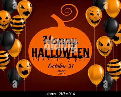 Joyeux arrière-plan Halloween, bannière avec air de ballons réaliste. Sourires effrayants, icônes fantômes noir, couleurs orange. Modèle Halloween Illustration de Vecteur