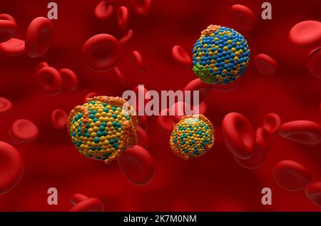 HDL (bonne) et LDL (mauvaise) lipoprotéine (cholestérol) dans le flux sanguin vue en gros plan 3D illustration Banque D'Images