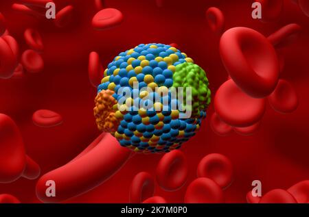 LDL mauvais cholestérol des lipoprotéines dans le flux sanguin vue en gros plan 3D illustration Banque D'Images