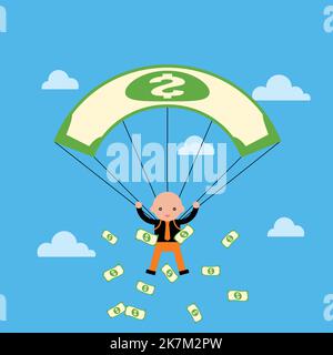 Homme volant avec le parachute dollar et l'argent tombant, volant de sa poche, avec le ciel et les nuages illustration de vecteur Illustration de Vecteur