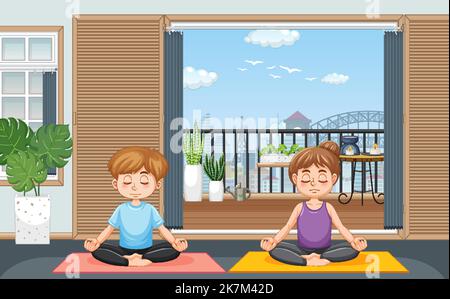 Couple faisant du yoga à la maison illustration Illustration de Vecteur