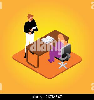 une femme patron qui observe des hommes emploient du travail dans son bureau. illustration du vecteur de déplacement de boss woman. Illustration de Vecteur