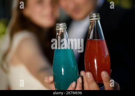 Fermez trois bouteilles de verre de jus d'orange froid, rouge et vert avec des graines de chia sur glace pilée sur le présentoir de détail, vue latérale à angle bas Banque D'Images