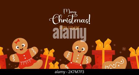 Bordure sans couture avec adorable pain d'épice drôle homme et fille, boîtes-cadeaux et inscription Joyeux Noël sur fond marron. Illustration vectorielle Illustration de Vecteur