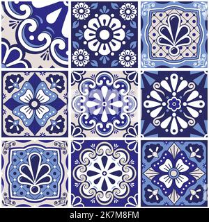 Collection de motifs vectoriels de style talavera mexicain sans couture avec fleurs, papier peint frais, carreaux décoratifs, grand ensemble en bleu marine Illustration de Vecteur