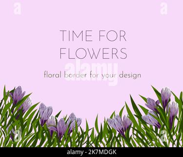 Modèle de cadre de bordure de fleurs de printemps de Crocus pour carte ou bannière. Décor printanier fleuri pour le texte. Carte de voeux safran à motif floral pour votre style. Illustration vectorielle de la circulaire à vendre Illustration de Vecteur