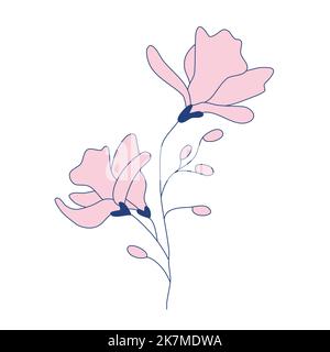 Branche magnolia avec boutons et fleurs, motif floral de couleur botanique. Motifs floraux pour une couverture murale à imprimé tatouage. Esthétique élégante illustration vectorielle simple et subtile. Illustration de Vecteur