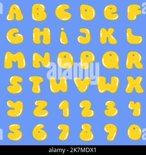 Groovy hippie plump lettres et chiffres. Police jaune jaune avec chiffres, côté ensoleillé vers le haut, motifs aux œufs frits, alphabet sur fond bleu. Pour une jolie carte de texte psychédélique drôle. Illustration vectorielle Illustration de Vecteur