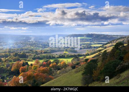 Vue depuis Colley Hill, vue sur la campagne de Surrey Hills au soleil avec des arbres de couleur automnale, Reigate, North Downs Way, Surrey, Angleterre, ROYAUME-UNI Banque D'Images