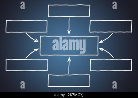 Diagramme vierge tracé à la main avec flèches et espace de copie avec marqueur sur fond bleu foncé. Banque D'Images