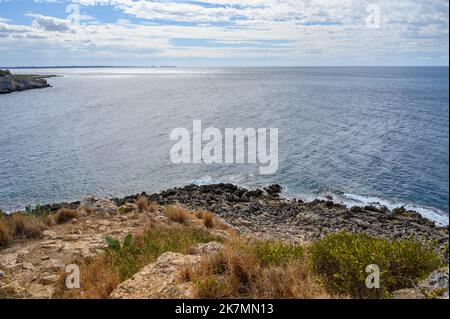 Vue sur le Parc naturel régional de Porto Selvaggio avec sa côte sauvage et la ville de Gallipoli à l'horizon, Apulia (Puglia), Italie. Banque D'Images