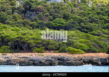 Homme marchant dans son short de bain sur une plage rocheuse dans le parc naturel régional de Porto Selvaggio avec une forêt de pins en toile de fond. Pouilles (Puglia), Italie. Banque D'Images