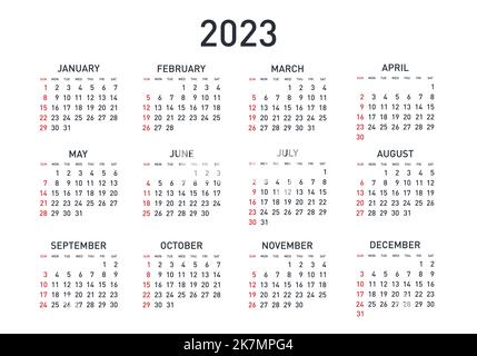 Année civile 2023. Modèle vectoriel noir et blanc. La semaine commence le dimanche. Grille de base. Calendrier carré de poche. Conception prête à l'emploi Illustration de Vecteur