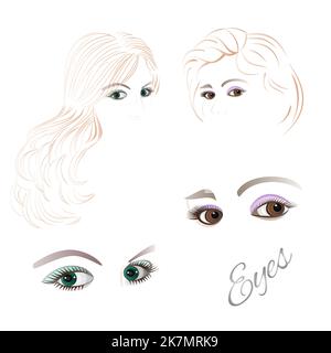 Les yeux des femelles sont bruns et verts avec le contour de la face et les cheveux ensemble de l'illustration vectorielle Illustration de Vecteur