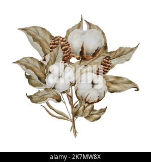 Bouquet de feuilles, branches de coton et cônes de pin aquarelle Banque D'Images