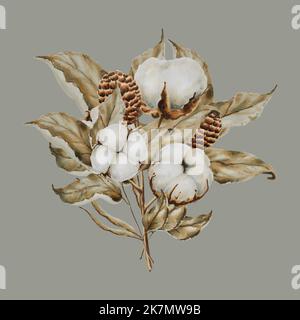 Bouquet de feuilles, branches de coton et cônes de pin aquarelle Banque D'Images