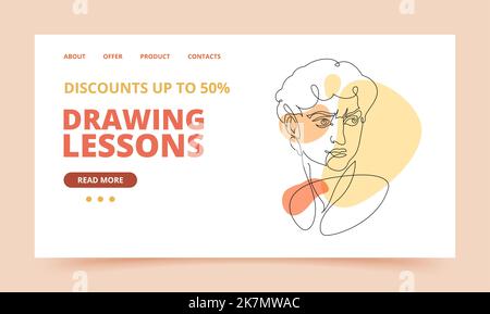 Modèle de site Web de leçon de dessin avec ligne continue portrait de David pour l'impression et la conception. Illustration vectorielle. Illustration de Vecteur