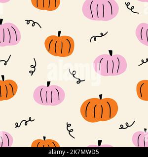 Jolie bordure à motif de citrouille à la main. Motif horizontal sans couture de caniche mignon citrouilles rose orange - utiliser comme fond de Thanksgiving, textiles Illustration de Vecteur