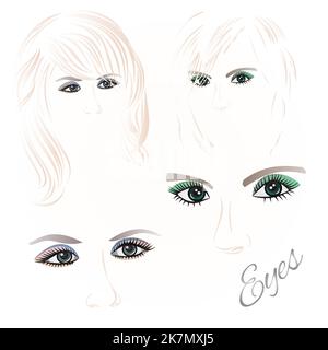 Femelles yeux vert et bleu avec le contour visage et les cheveux ensemble de trois illustrations vectorielles Illustration de Vecteur