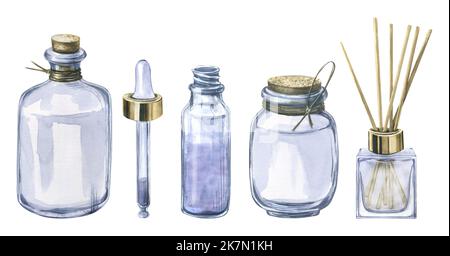 Un ensemble de pots en verre pour cosmétiques avec bouchon, pipette et diffuseur d'arôme. Illustration aquarelle. Objets isolés d'une grande collection de Banque D'Images