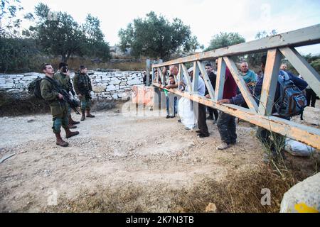 Naplouse, Palestine. 18th octobre 2022. Les soldats israéliens sont en garde tandis que les agriculteurs palestiniens attendent que la porte de la colonie israélienne d'Elon Moreh soit ouverte par l'armée israélienne pour atteindre leurs champs d'olives pour cueillir des olives pendant la saison de récolte dans le village de Salem, à l'est de la ville de Naplouse, sur la rive ouest occupée. (Photo de Nasser Ishtayeh/SOPA Images/Sipa USA) crédit: SIPA USA/Alay Live News Banque D'Images