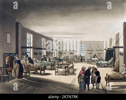 Hôpital, Middlesex. Couché à l'hôpital. Vers 1808. Après un travail d'August Pugin et Thomas Rowlandson dans le microcosme de Londres, publié en trois volumes entre 1808 et 1810 par Rudolph Ackermann. Pugin était l'artiste responsable des éléments architecturaux des images microcosmes; Thomas Rowlandson a été embauché pour ajouter les figures humaines animées. Banque D'Images