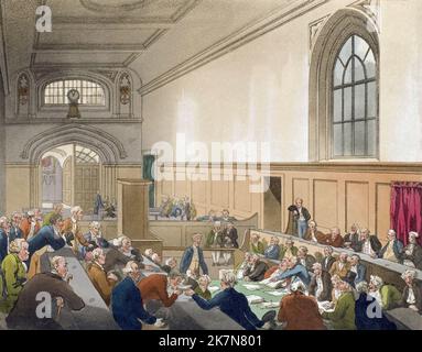 Guildhall. Examen d'un failli devant ses créanciers. Cour du Banc des rois. Vers 1808. Après un travail d'August Pugin et Thomas Rowlandson dans le microcosme de Londres, publié en trois volumes entre 1808 et 1810 par Rudolph Ackermann. Pugin était l'artiste responsable des éléments architecturaux des images microcosmes; Thomas Rowlandson a été embauché pour ajouter les figures humaines animées. Banque D'Images