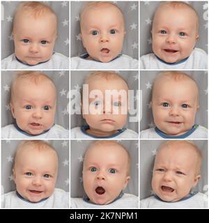 Collage du visage mignon nouveau-né bébé, gros plan. Portrait de l'enfant avec les yeux bleus. Expression du visage, différentes émotions. Banque D'Images