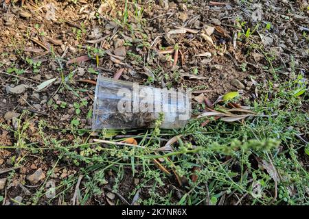 Gobelet en plastique jetable jeté sur l'écosystème du sol forestier, pollution des déchets d'envinronment Banque D'Images