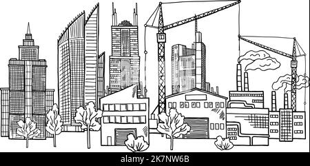 Paysage urbain de style dessiné à la main. Esquisse de panorama urbain Illustration de Vecteur