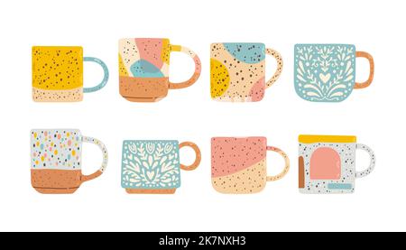 Collection de différentes tasses modernes décorées avec des éléments design illustration vectorielle plate Illustration de Vecteur