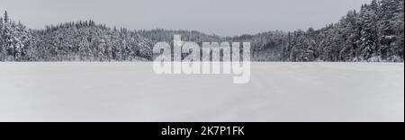 Arrière-plan panoramique pour bannière avec paysage d'hiver. Lac gelé sous couvert de neige et forêt de conifères du nord. Banque D'Images