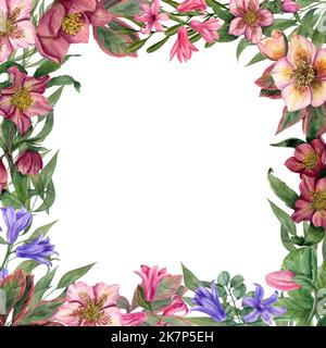 Cadre romantique aquarelle avec coeurs et fleurs sur fond blanc. Pour créer des cartes de Saint-Valentin, d'anniversaire, de fête des mères, de mariage. Modèle f Banque D'Images