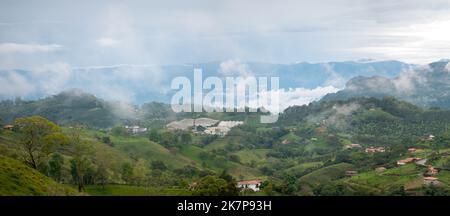 Green Mountains regorgeantes d'arbres et de végétation au milieu de la brume descendant du ciel Banque D'Images