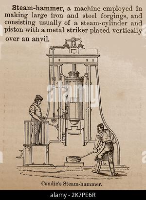 Un dictionnaire victorien entrée foe Condie's Steam Hammer. Le marteau à vapeur de John Condie, inventé en 1839, a été construit pour Fulton à Glasgow, avait un piston creux fixe et un cylindre mobile auquel le marteau était attaché. Il pesait 6,5 tonnes et était également utilisé pour la conduite de pieux, le forgeage et le rivetage. Banque D'Images