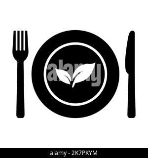 Icône alimentation saine à plat. Salade végétalienne sur plaque simbol sur blanc. Plaque, fourche avec couteau et symbole de lame. Une alimentation simple pour les repas végétariens Illustration de Vecteur