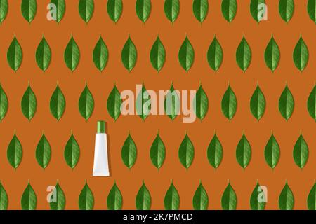 Motif créatif sans couture composé de tubes cosmétiques blancs et de feuilles vertes sur fond orange. Cosmétiques, soins de la peau, beauté, concept de traitement du corps. Design créatif avec pose à plat. Vue de dessus. Maquette. Banque D'Images