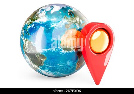 Globe terrestre avec pointeur de carte, rendu 3D isolé sur fond blanc Banque D'Images