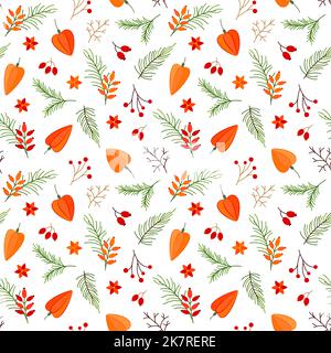 Motif de noël motif de saison botanique abat-jour chaleureux branche de baies plat. Yew baie physalis pin rosehip poinsettia fleur rouge sans couture traditionnel orange plante design imprimé textile intérieur cadeau emballage Illustration de Vecteur
