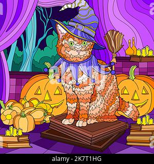 joyeux halloween, illustration d'un chat en costume de sorcière, citrouilles diverses, bougies la nuit Banque D'Images