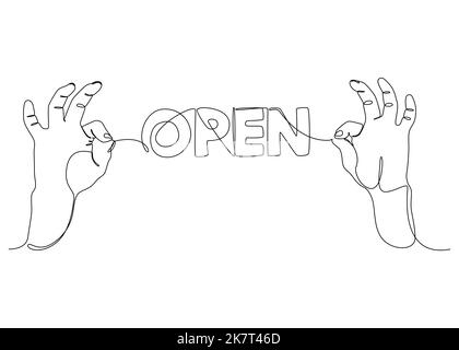 Une ligne continue de deux mains tenant une chaîne avec un mot ouvert. Concept de vecteur d'illustration à trait fin. Dessin de contour idées créatives. Illustration de Vecteur