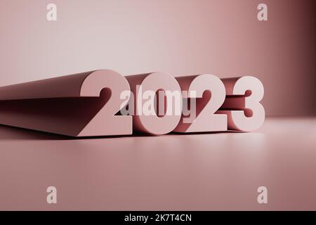 Les numéros roses extrudés 2023 nouvelle année sur fond rose rendu 3D. Banque D'Images