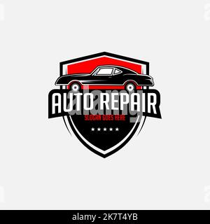 Métal automobile réparation et service logo Premium Vector, meilleur pour l'atelier de voiture, garage, pièces de rechange logo badge Illustration de Vecteur