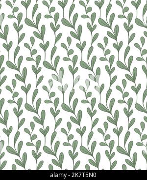 Motif vectoriel avec branches de dessin animé entrelacées avec feuillage sur fond blanc. Texture botanique avec feuilles et tiges dessinées à la main. Natura Illustration de Vecteur