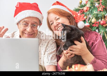 Un couple senior et un chat saluent leurs proches par appel vidéo à Noël. Concepts: animaux de compagnie en tant que partie de la famille, la joie de partager pendant les vacances, Banque D'Images