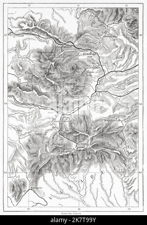 Carte d'une partie de la Transylvanie du voyage d'Elisee Reclus, Roumanie. Europe. Voyage dans les régions minières de l'ouest de la Transylvanie par Jacques Elisee Reclus, 1873 Banque D'Images